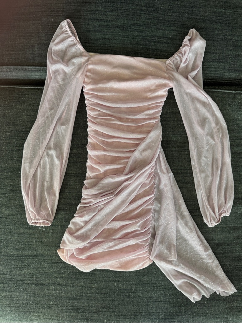 Jump Shimmery Light Pink Ruched Off-Shoulder Long Sleeve Mini Dress